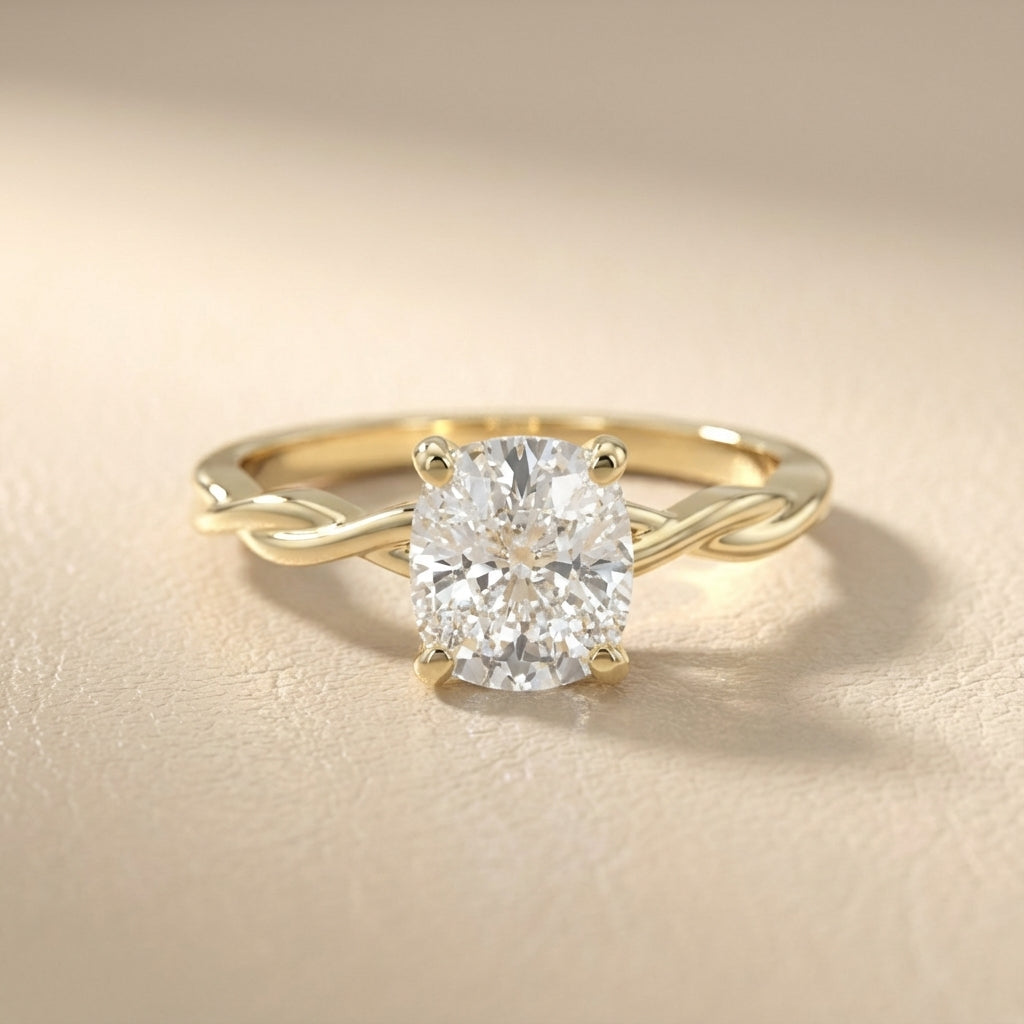 Cushion Cut Lab Grown Diamond Engagement Ring in Yellow Gold with Twisted Shank