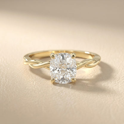 Cushion Cut Lab Grown Diamond Engagement Ring in Yellow Gold with Twisted Shank