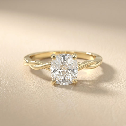 Cushion Cut Lab Grown Diamond Engagement Ring in Yellow Gold with Twisted Shank