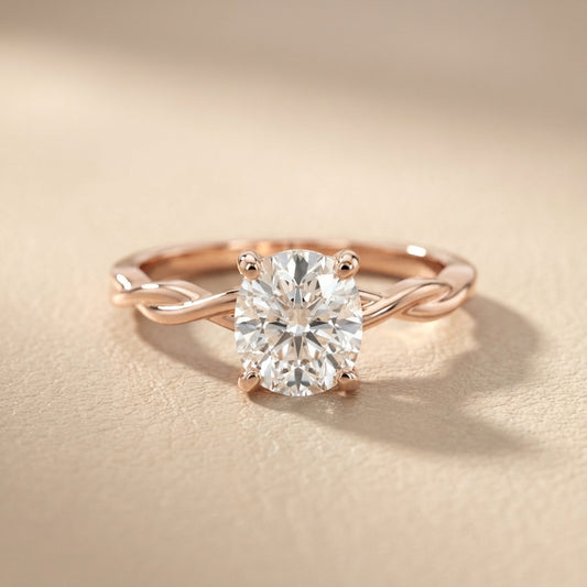 Cushion Cut Lab Grown Diamond Engagement Ring in Rose Gold with Intertwined Band