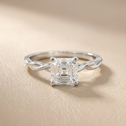 Asscher Cut Lab Grown Diamond Solitaire Engagement Ring with Twisted Band in White Gold