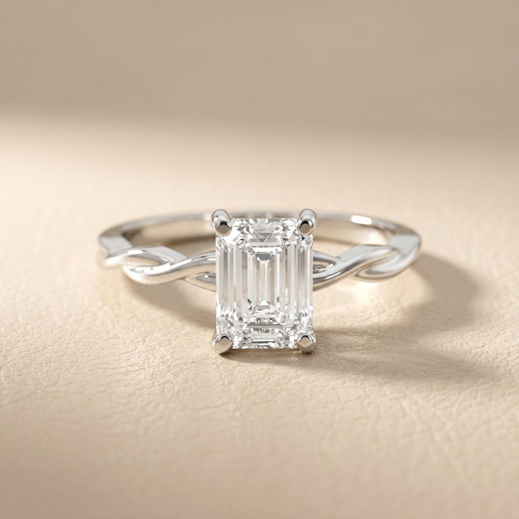 Emerald Cut Lab Grown Diamond Engagement Ring with Twisted Shank in Silver