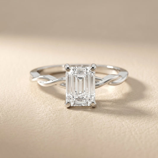 Emerald Cut Lab Grown Diamond Engagement Ring with Twisted Shank in Silver