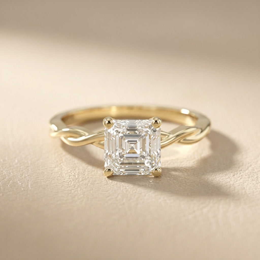 Asscher Cut Lab Grown Diamond Solitaire Engagement Ring with Twisted Band in Yellow Gold