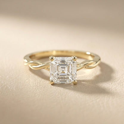 Asscher Cut Lab Grown Diamond Solitaire Engagement Ring with Twisted Band in Yellow Gold