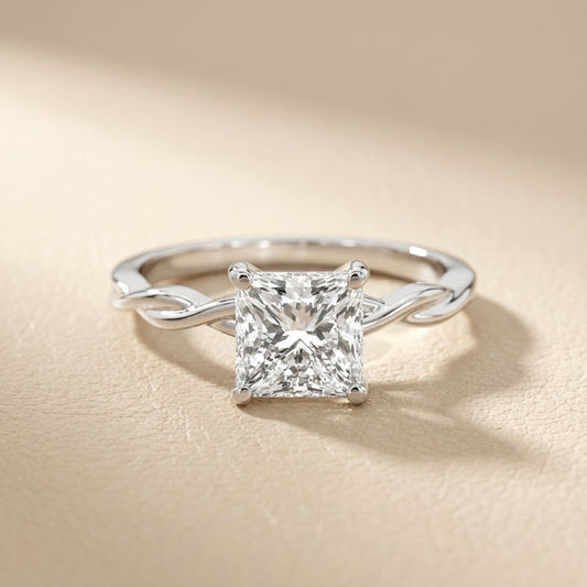 Princess Cut Lab Grown Diamond Engagement Ring with Twisted Shank in White Gold