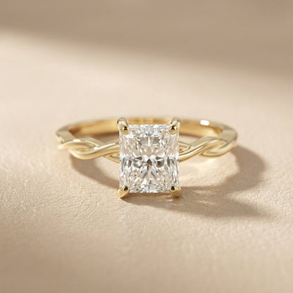 Radiant Cut Lab Grown Diamond Solitaire Engagement Ring in Yellow Gold with Twisted Shank