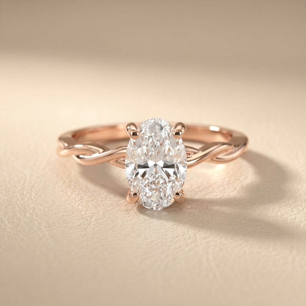 Oval Cut Lab Grown Diamond Engagement Ring in Rose Gold with twisted shank