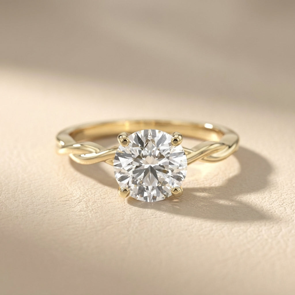 Round Cut Lab Grown Diamond Solitaire Engagement Ring with Twisted Shank in Yellow Gold