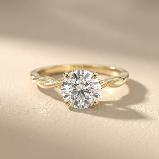 Round Cut Lab Grown Diamond Solitaire Engagement Ring with Twisted Shank in Yellow Gold