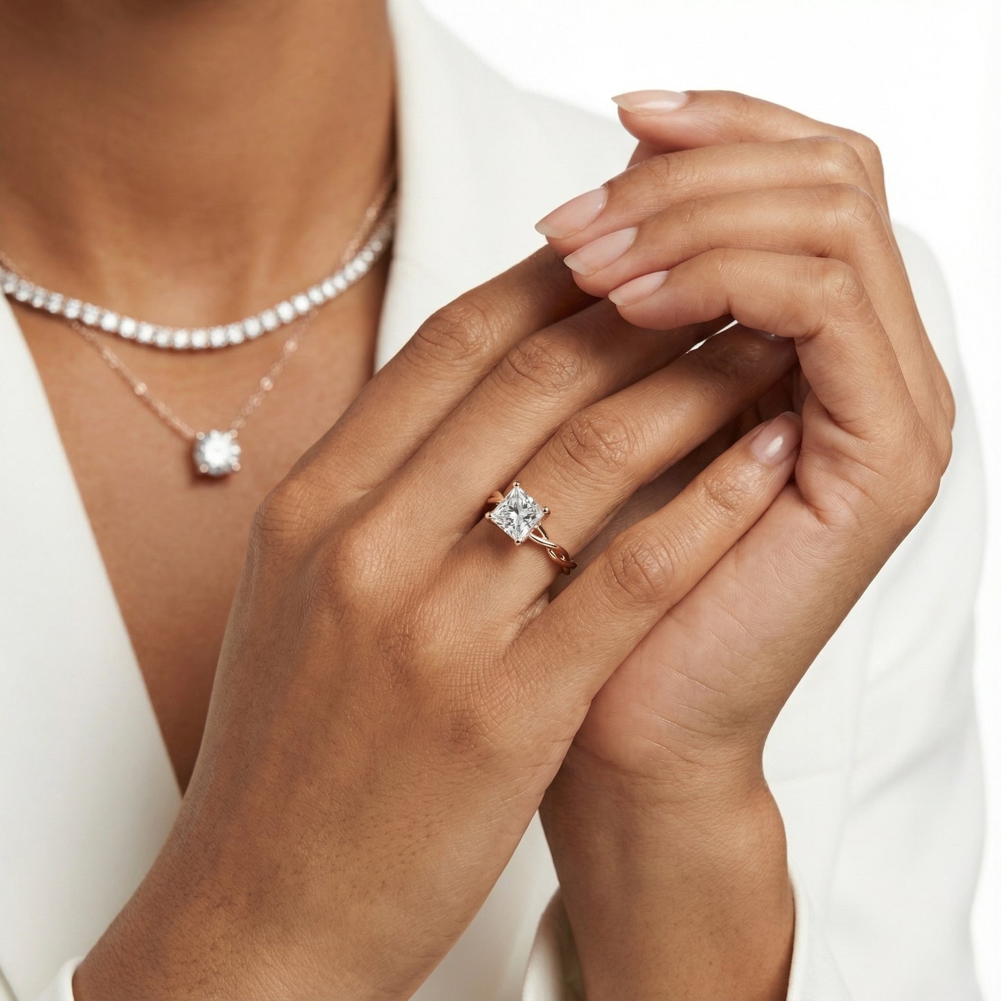 Princess Cut Lab Grown Diamond Engagement Ring with Twisted Shank in Rose Gold