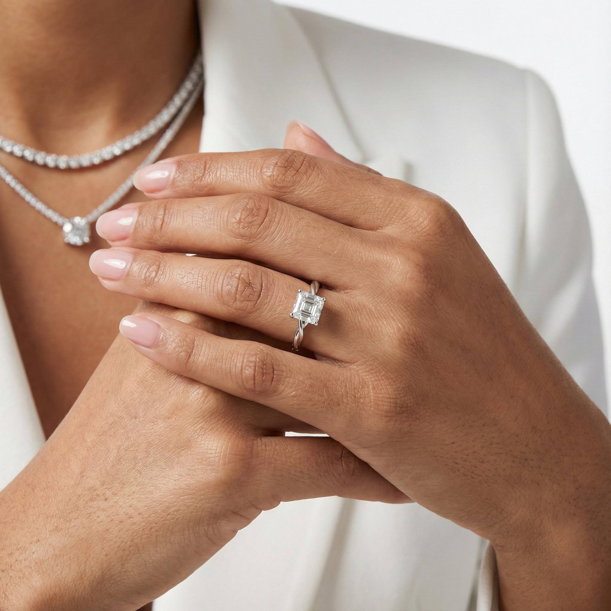 Asscher Cut Lab Grown Diamond Solitaire Engagement Ring with Twisted Band in Silver