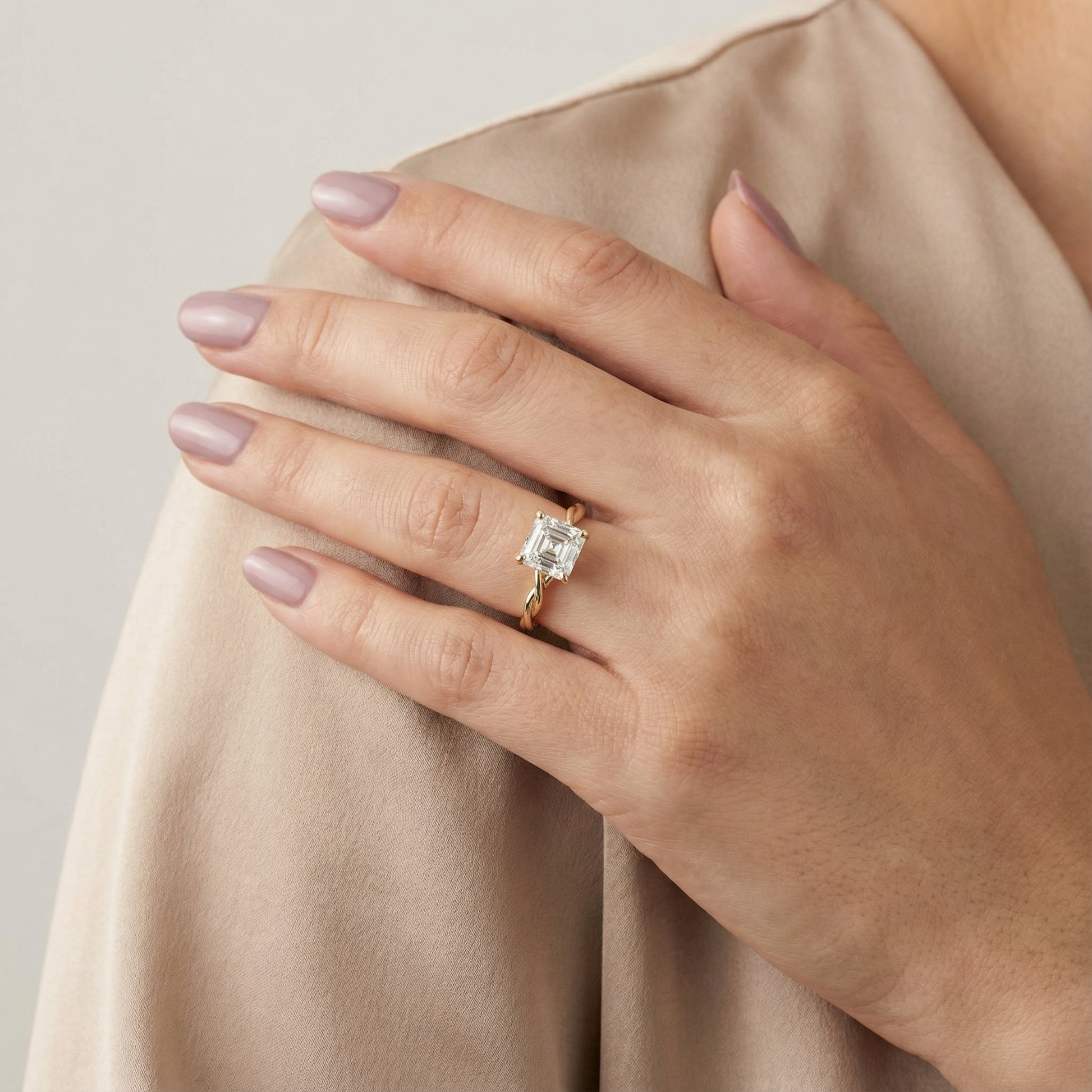 Asscher Cut Lab Grown Diamond Solitaire Engagement Ring with Twisted Band in Yellow Gold