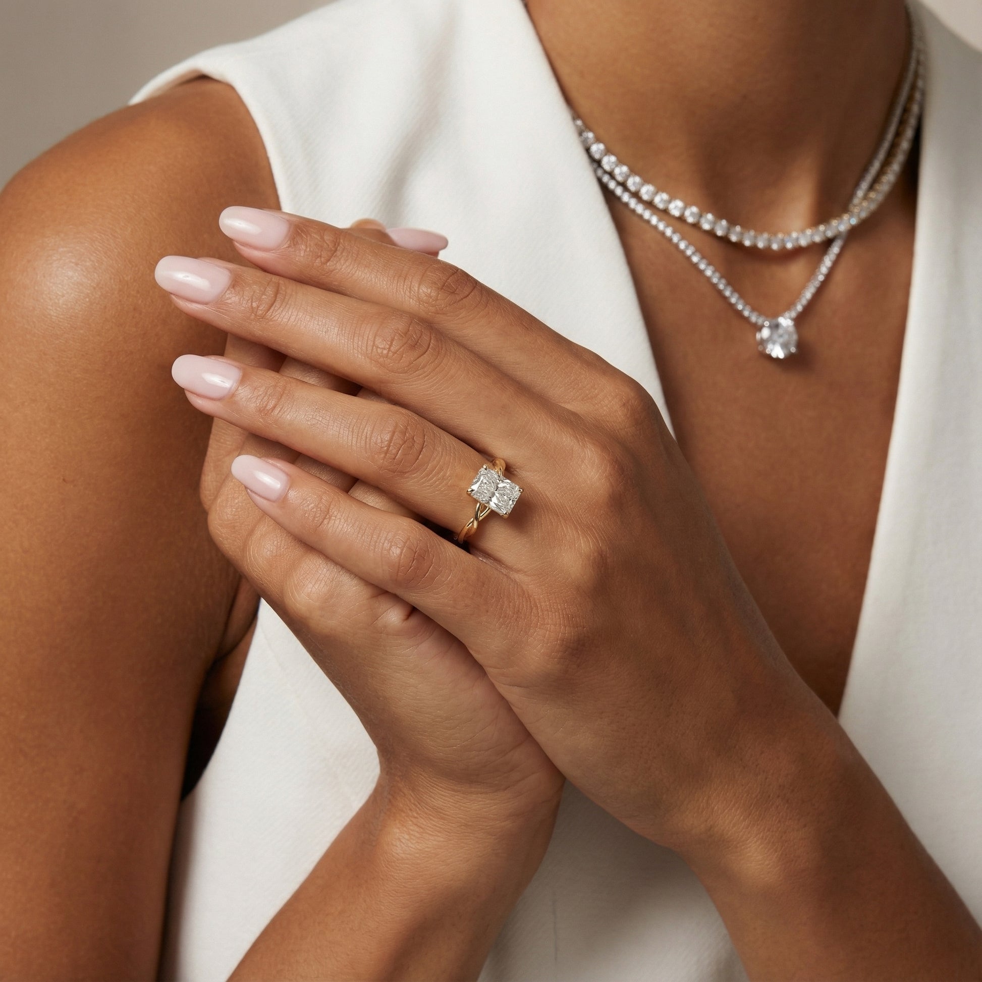 Radiant Cut Lab Grown Diamond Solitaire Engagement Ring in Yellow Gold with Twisted Shank