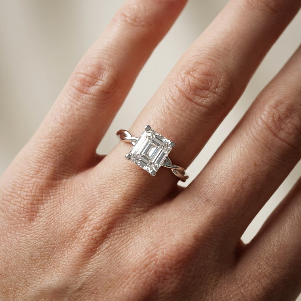 Asscher Cut Lab Grown Diamond Solitaire Engagement Ring with Twisted Band in Platinum