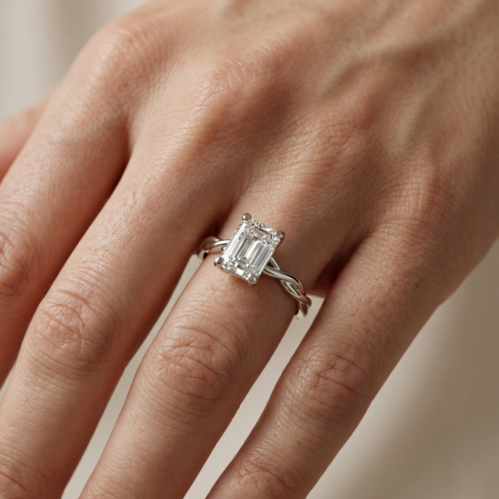 Emerald Cut Lab Grown Diamond Engagement Ring with Twisted Shank in Silver