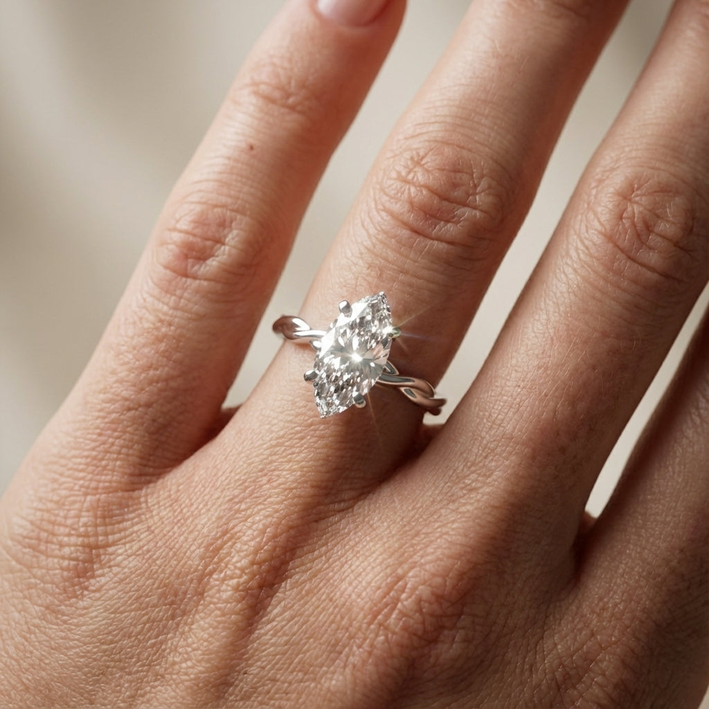 Celeste Grace Marquise Cut Lab Grown Diamond Solitaire Engagement Ring with Twisted Shank in White Gold
