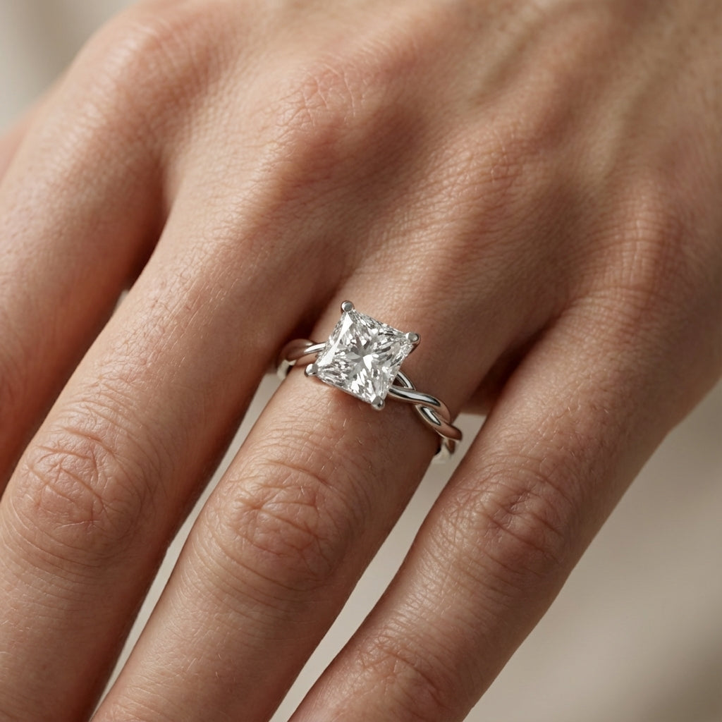 Princess Cut Lab Grown Diamond Engagement Ring with Twisted Shank in White Gold