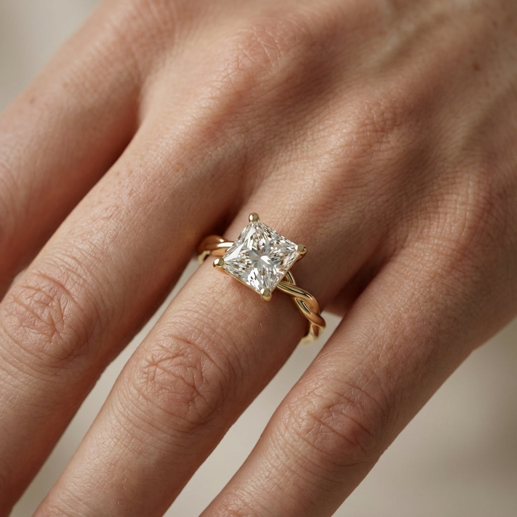 Princess Cut Lab Grown Diamond Engagement Ring with Twisted Shank in Yellow Gold