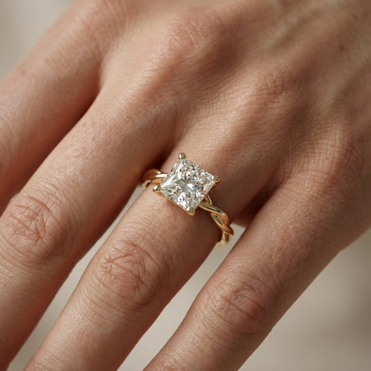 Princess Cut Lab Grown Diamond Engagement Ring with Twisted Shank in Yellow Gold