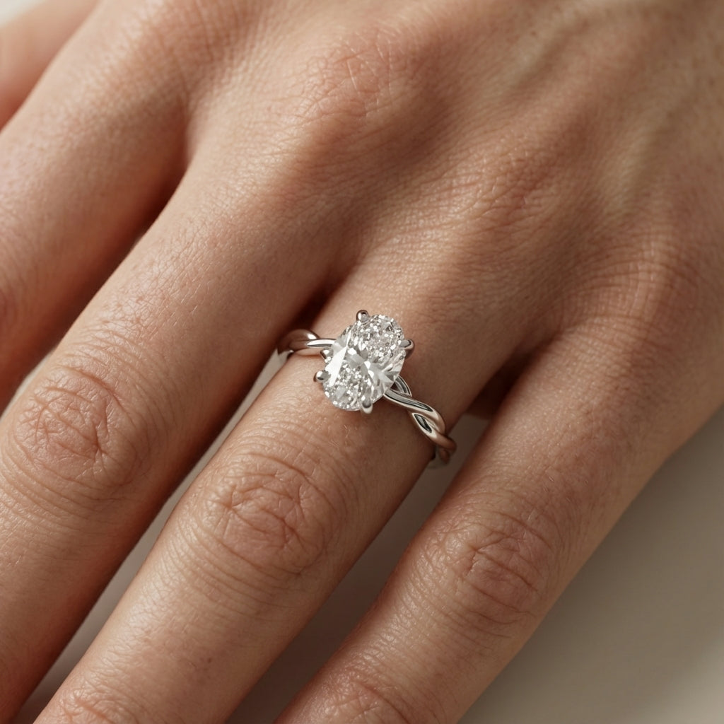 Oval Cut Lab Grown Diamond Engagement Ring in White Gold with twisted shank