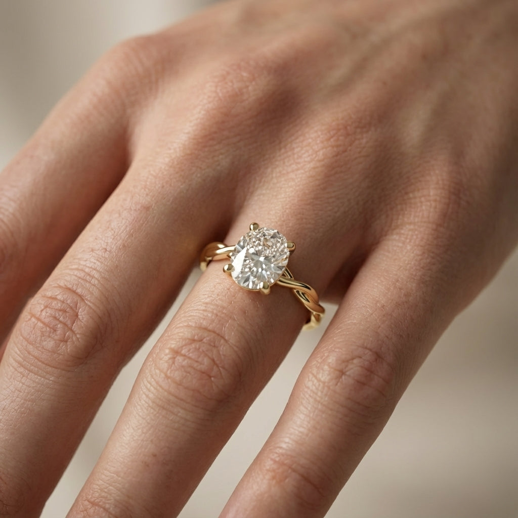 Cushion Cut Lab Grown Diamond Engagement Ring in Yellow Gold with Twisted Shank