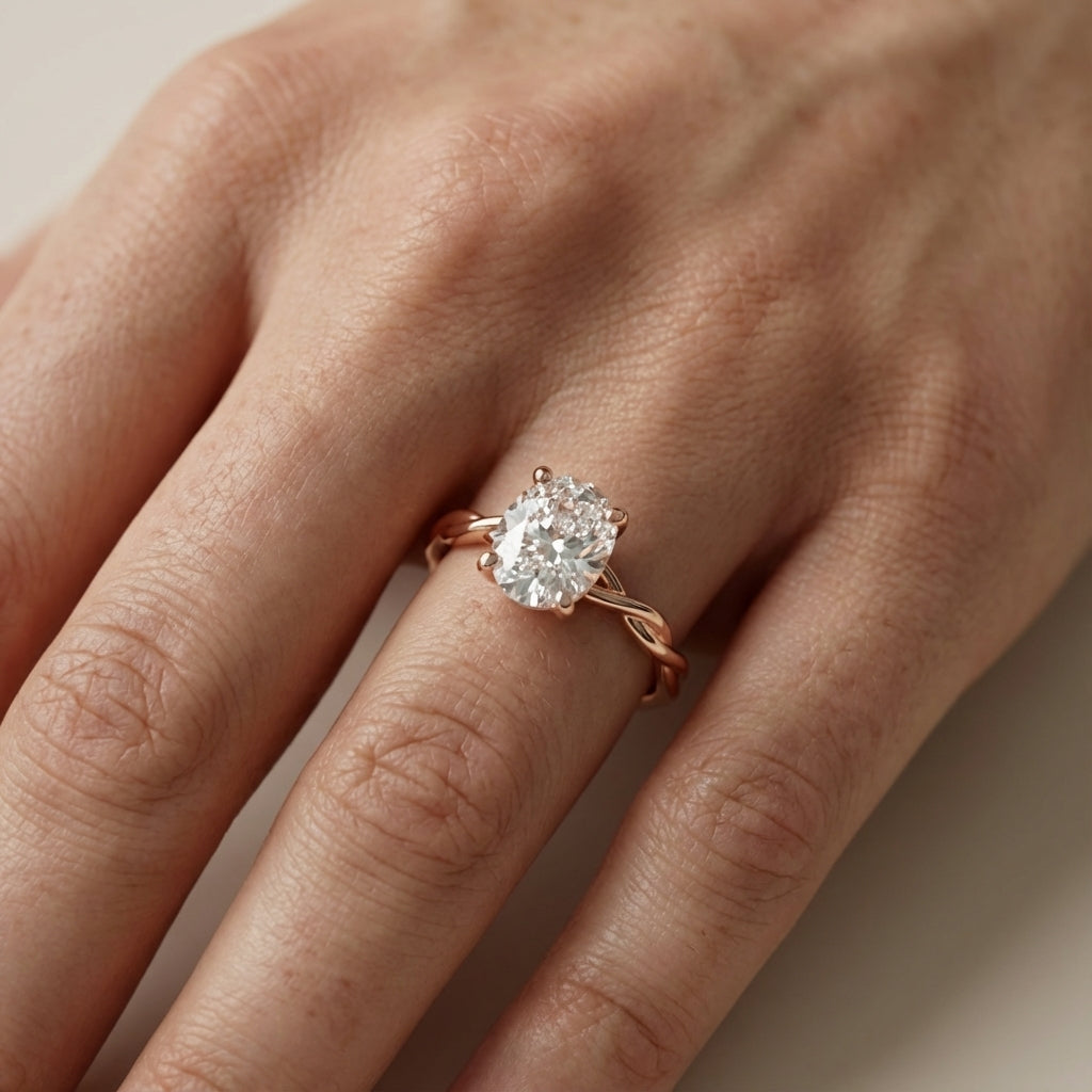 Cushion Cut Lab Grown Diamond Engagement Ring in Rose Gold with Intertwined Band