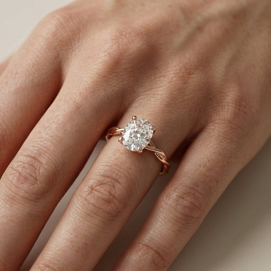Cushion Cut Lab Grown Diamond Engagement Ring in Rose Gold with Intertwined Band