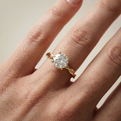 Round Cut Lab Grown Diamond Solitaire Engagement Ring with Twisted Shank in Yellow Gold