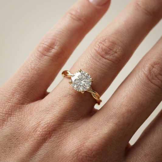 Round Cut Lab Grown Diamond Solitaire Engagement Ring with Twisted Shank in Yellow Gold