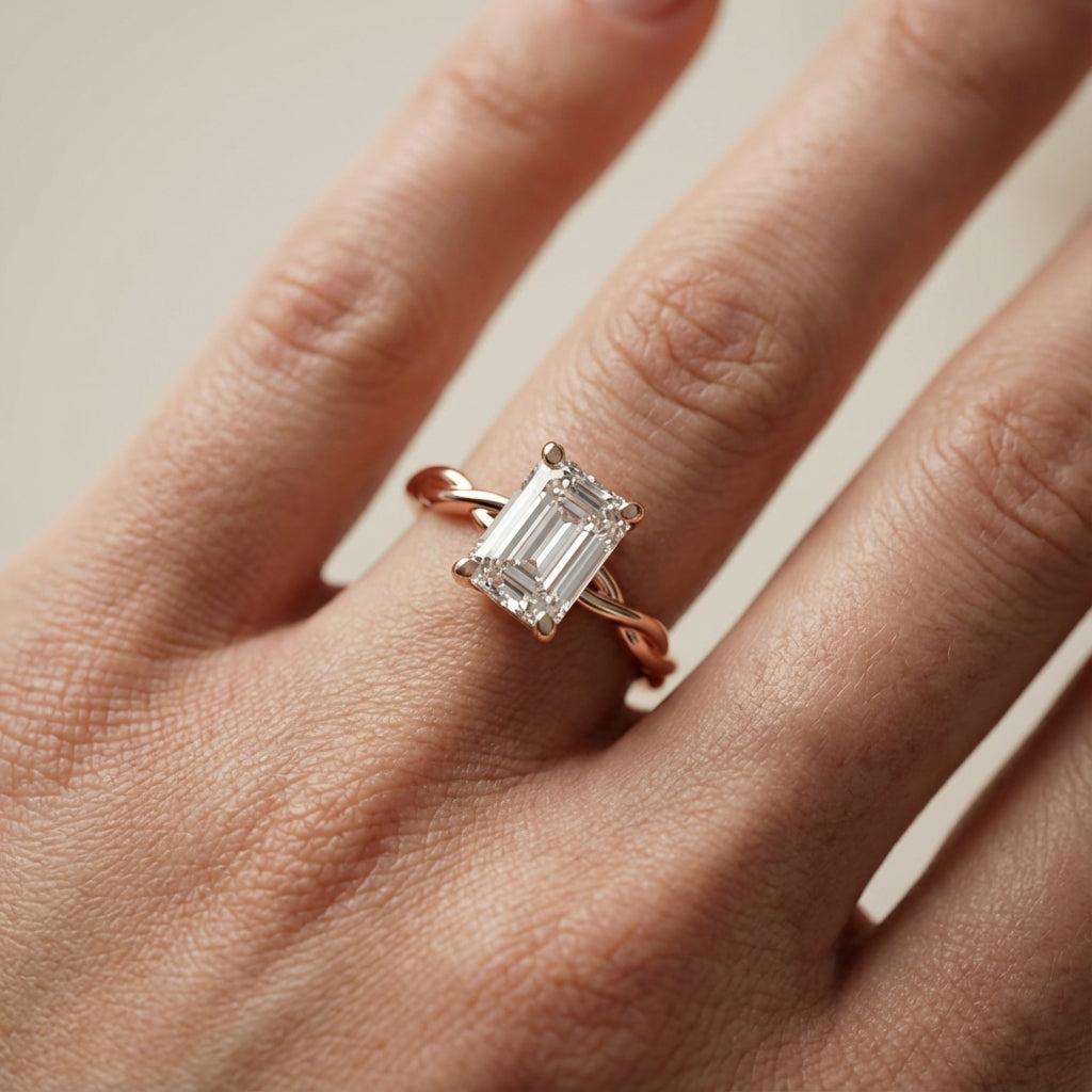 Emerald Cut Lab Grown Diamond Engagement Ring with Twisted Shank in Rose Gold