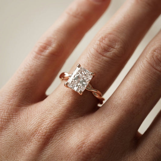 Radiant Cut Lab Grown Diamond Solitaire Engagement Ring in Rose Gold with Twisted Band