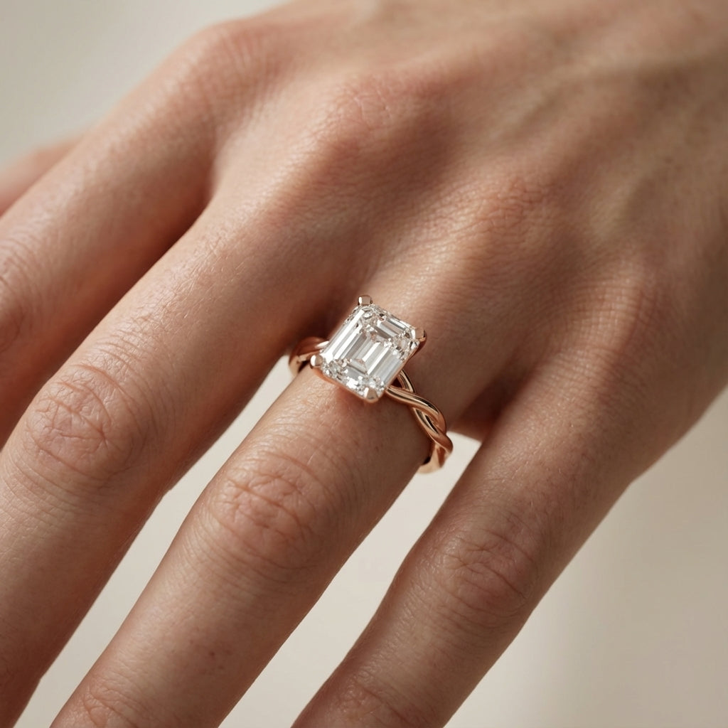 Asscher Cut Lab Grown Diamond Solitaire Engagement Ring with Twisted Band in Rose Gold