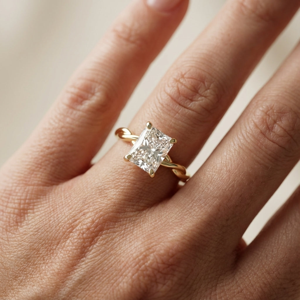 Radiant Cut Lab Grown Diamond Solitaire Engagement Ring in Yellow Gold with Twisted Shank