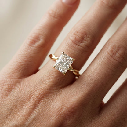 Radiant Cut Lab Grown Diamond Solitaire Engagement Ring in Yellow Gold with Twisted Shank