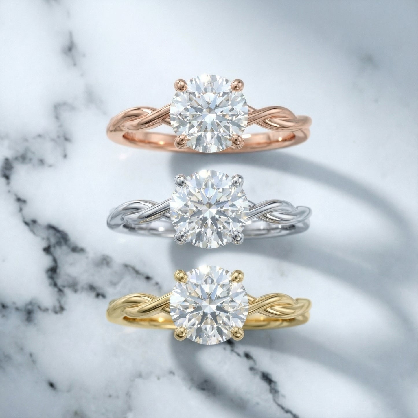 Round Cut Lab Grown Diamond Solitaire Engagement Ring with Twisted Shank in Rose Gold