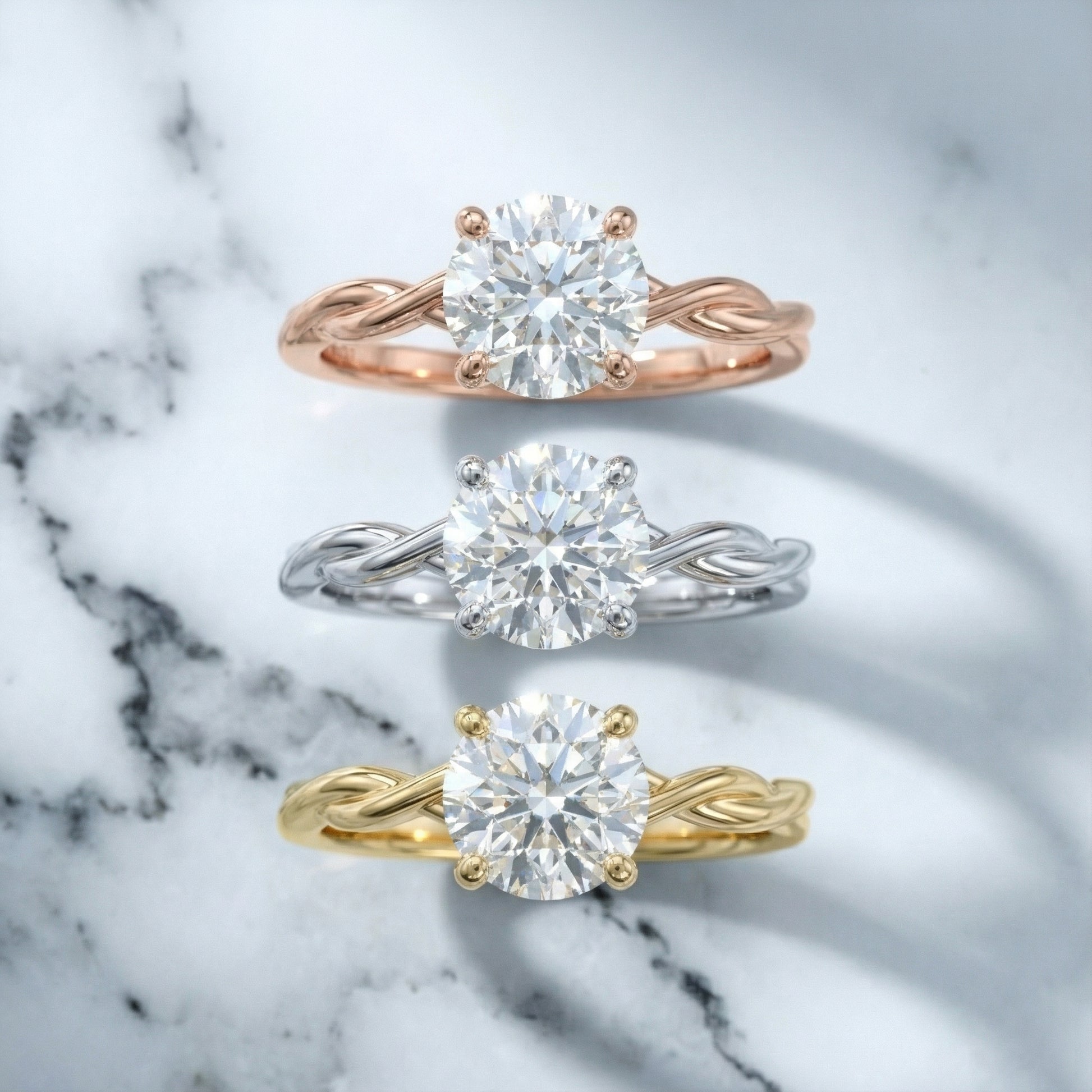 Round Cut Lab Grown Diamond Solitaire Engagement Ring with Twisted Shank in White Gold