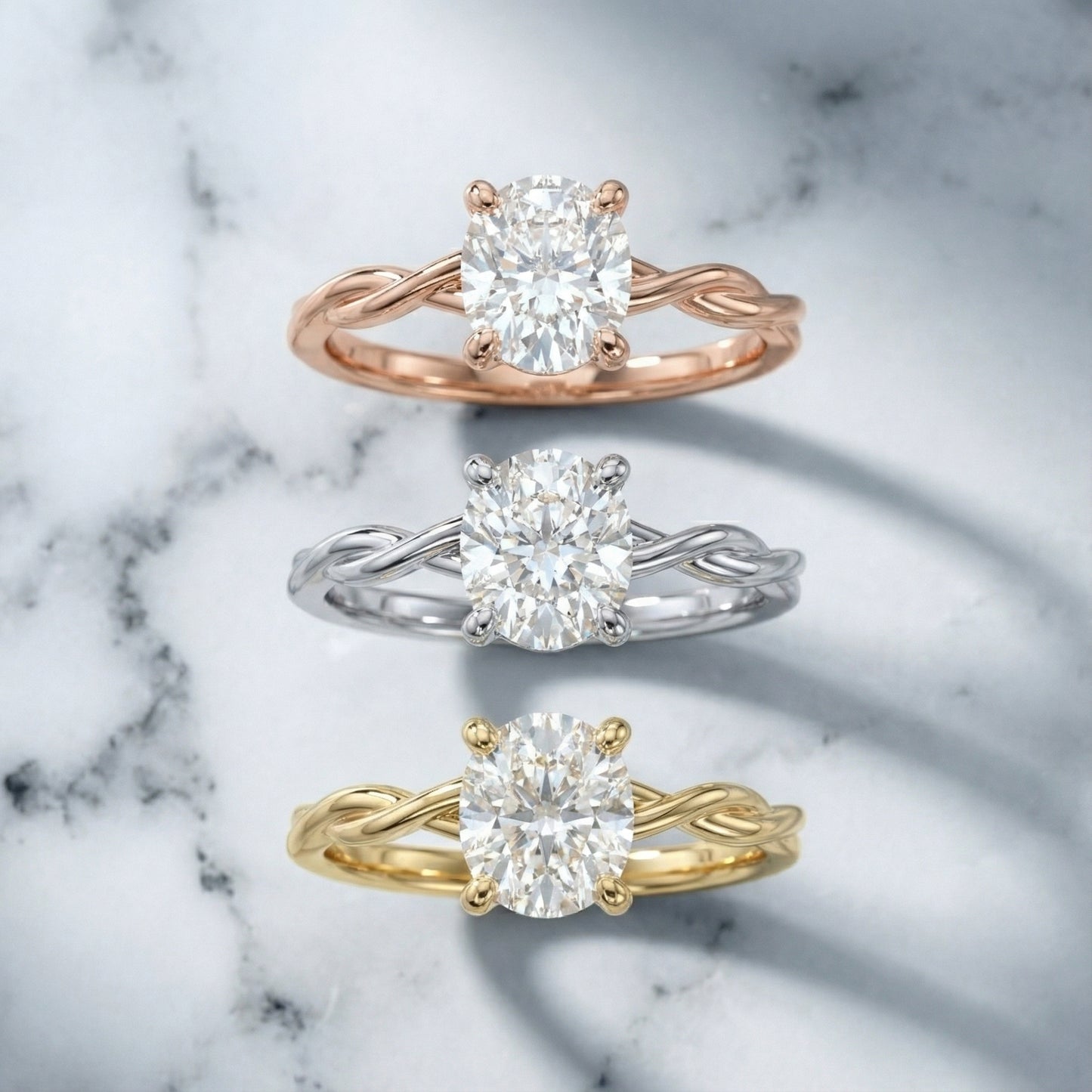 Cushion Cut Lab Grown Diamond Engagement Ring in Rose Gold with Intertwined Band