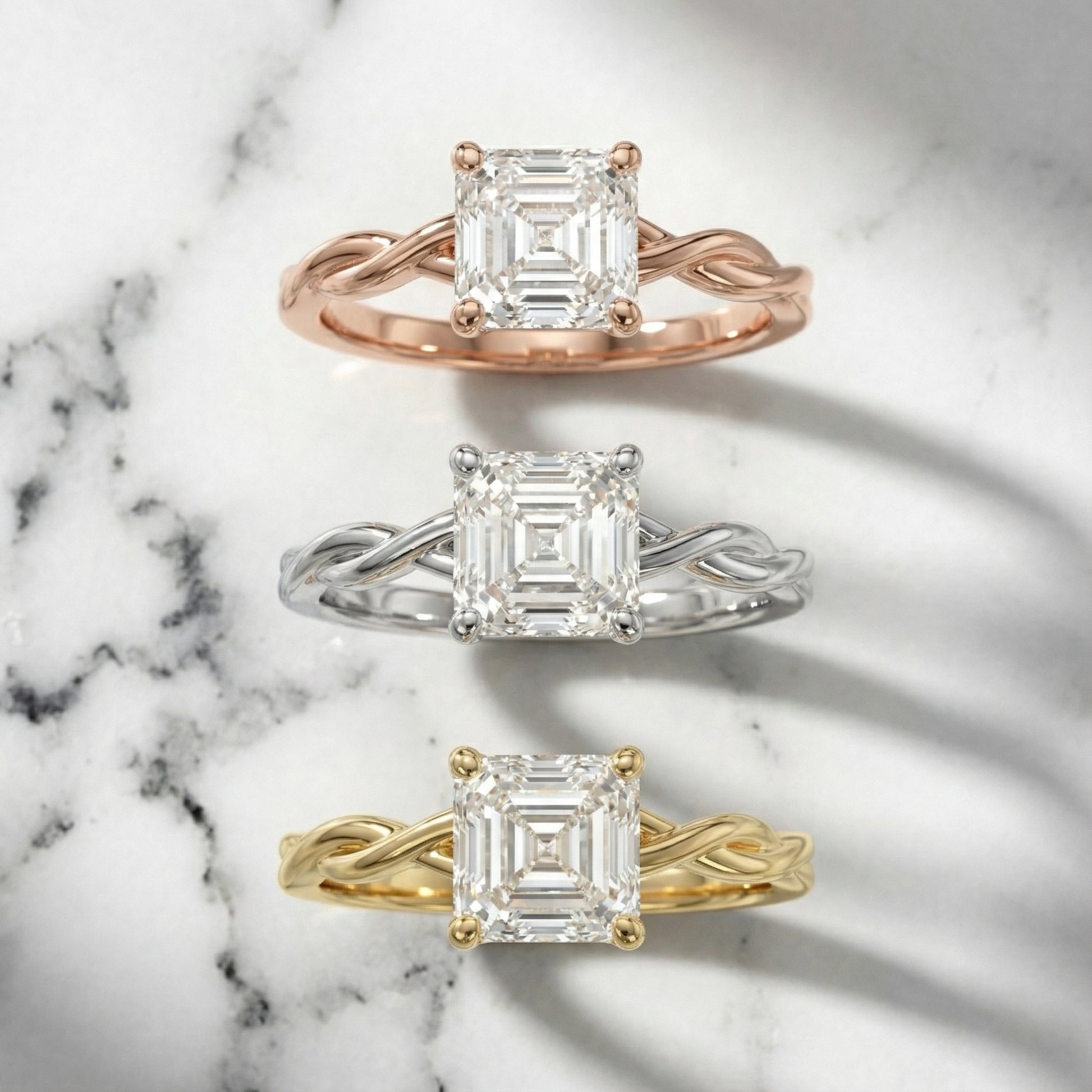 Asscher Cut Lab Grown Diamond Solitaire Engagement Ring with Twisted Band in Rose Gold