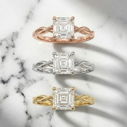 Asscher Cut Lab Grown Diamond Solitaire Engagement Ring with Twisted Band in Rose Gold