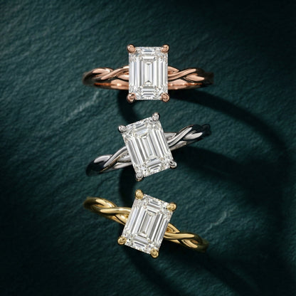 Emerald Cut Lab Grown Diamond Engagement Ring with Twisted Shank in White Gold