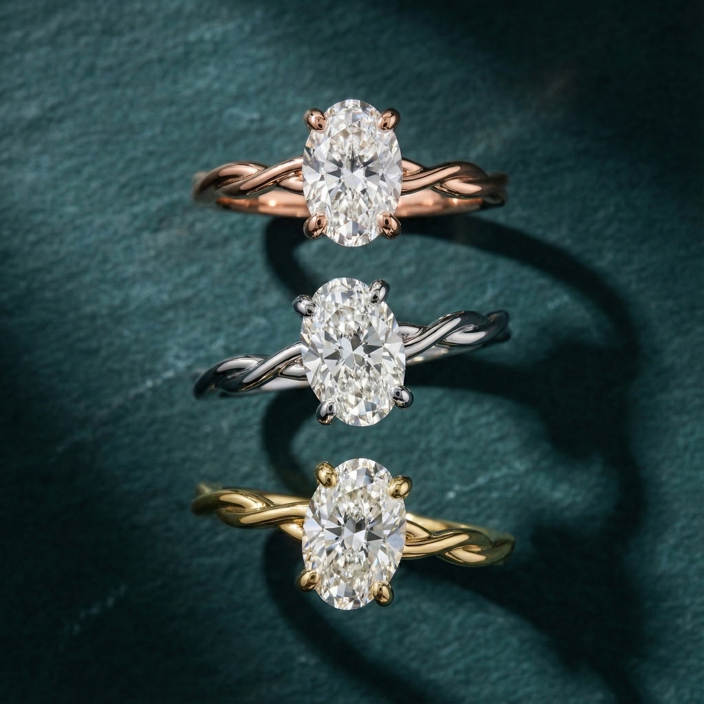 Oval Cut Lab Grown Diamond Engagement Ring in White Gold with twisted shank