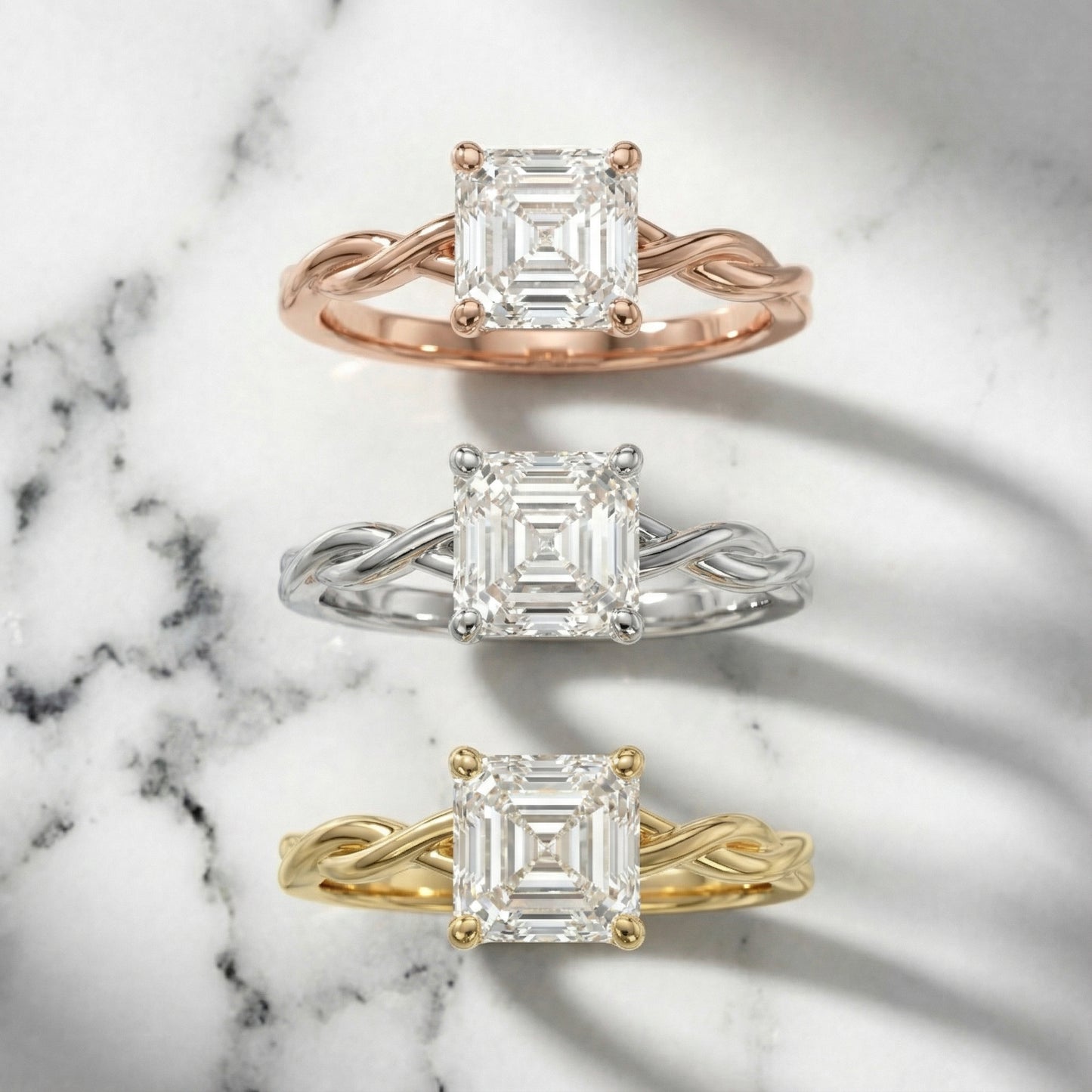 Asscher Cut Lab Grown Diamond Solitaire Engagement Ring with Twisted Band in Yellow Gold