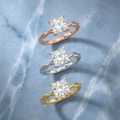 Princess Cut Lab Grown Diamond Engagement Ring with Twisted Shank in Silver