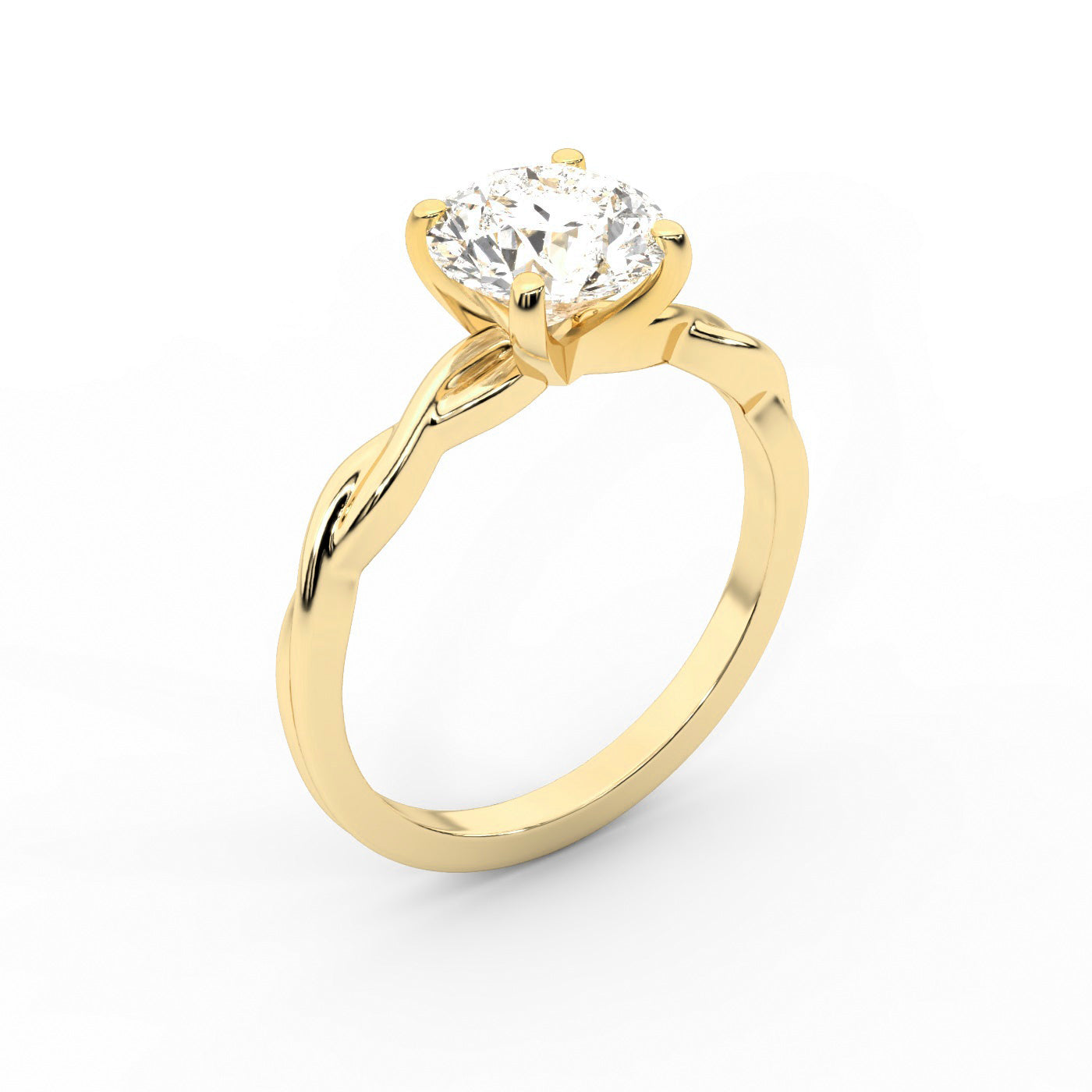 Round Cut Lab Grown Diamond Solitaire Engagement Ring with Twisted Shank in Yellow Gold