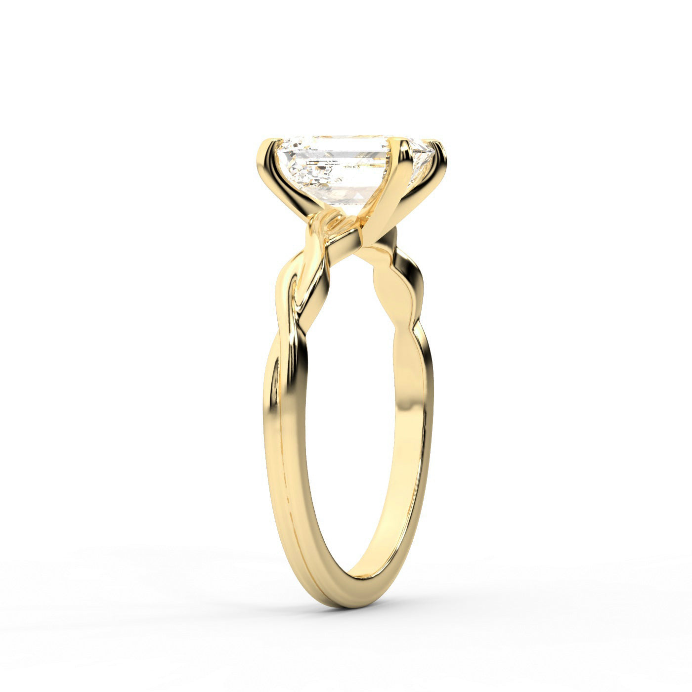 Emerald Cut Lab Grown Diamond Engagement Ring with Twisted Shank in Yellow Gold