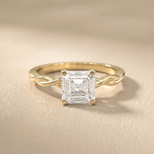 Asscher Cut Lab Grown Diamond Ring in Yellow Gold