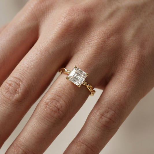 Asscher Cut Lab Grown Diamond Ring in Yellow Gold