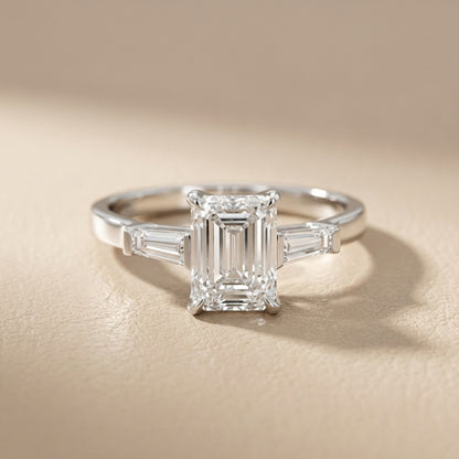 Emerald Cut Lab Grown Diamond Solitaire Engagement Ring in Platinum with Floral Basket Setting