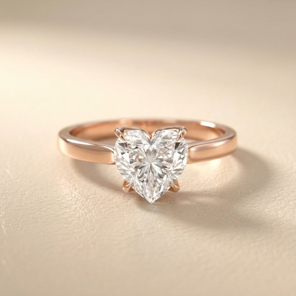 Heart Cut Lab Grown Diamond Solitaire Engagement Ring in pink Rose Gold floral setting.